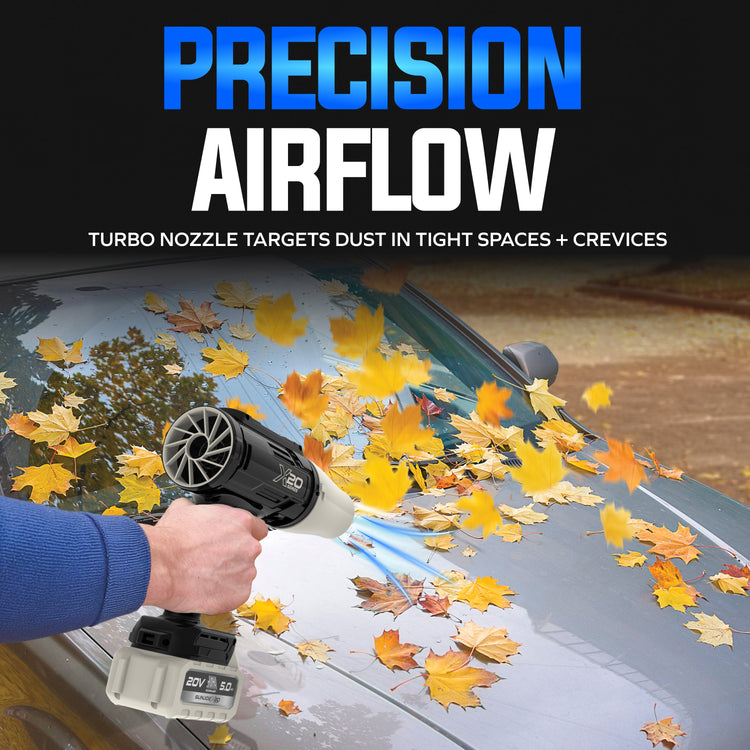 Person using a leaf blower to clear autumn leaves from a car roof with 'Precision Airflow' text above.