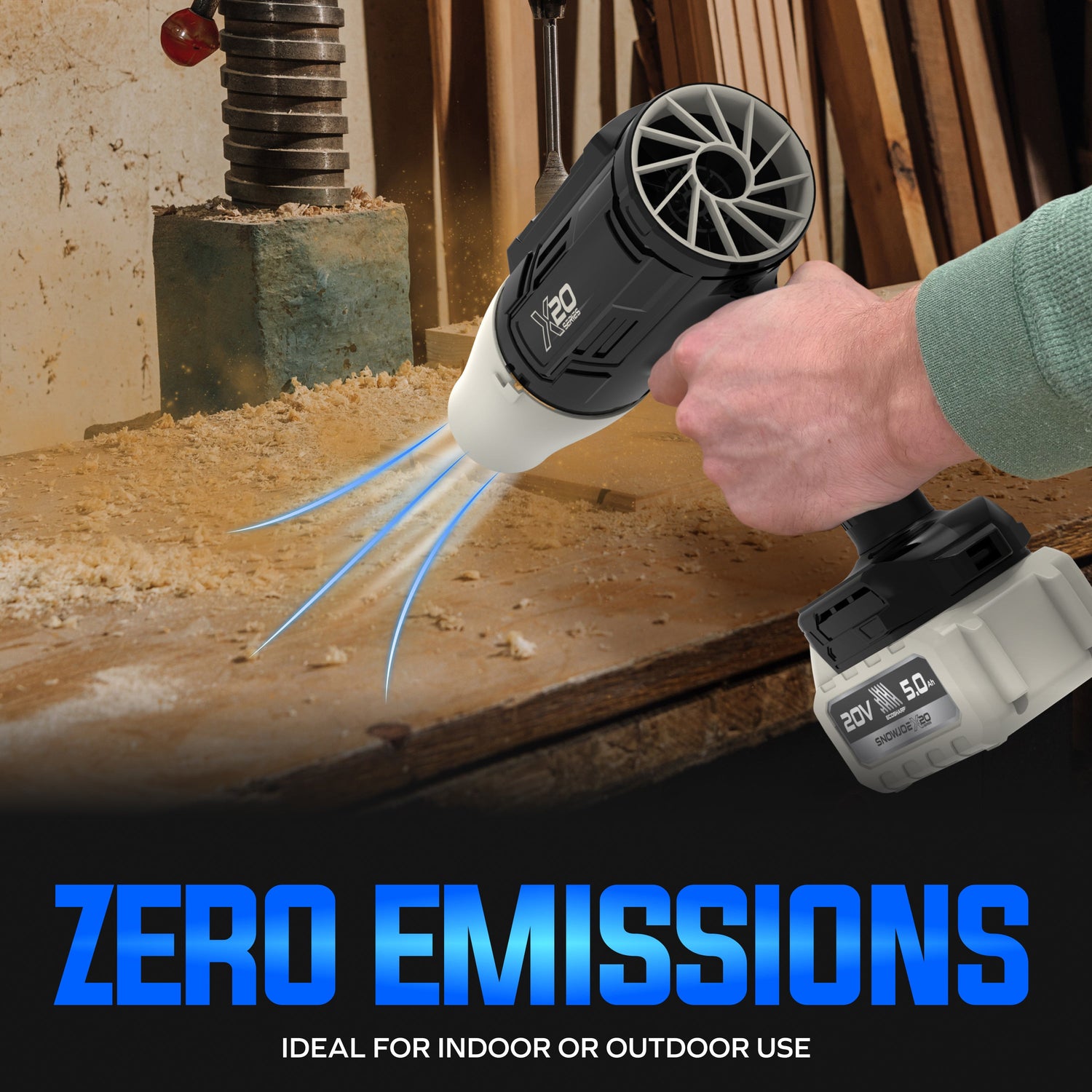 Person using a cordless vacuum cleaner in a workshop with 'Zero Emissions' text overlay.