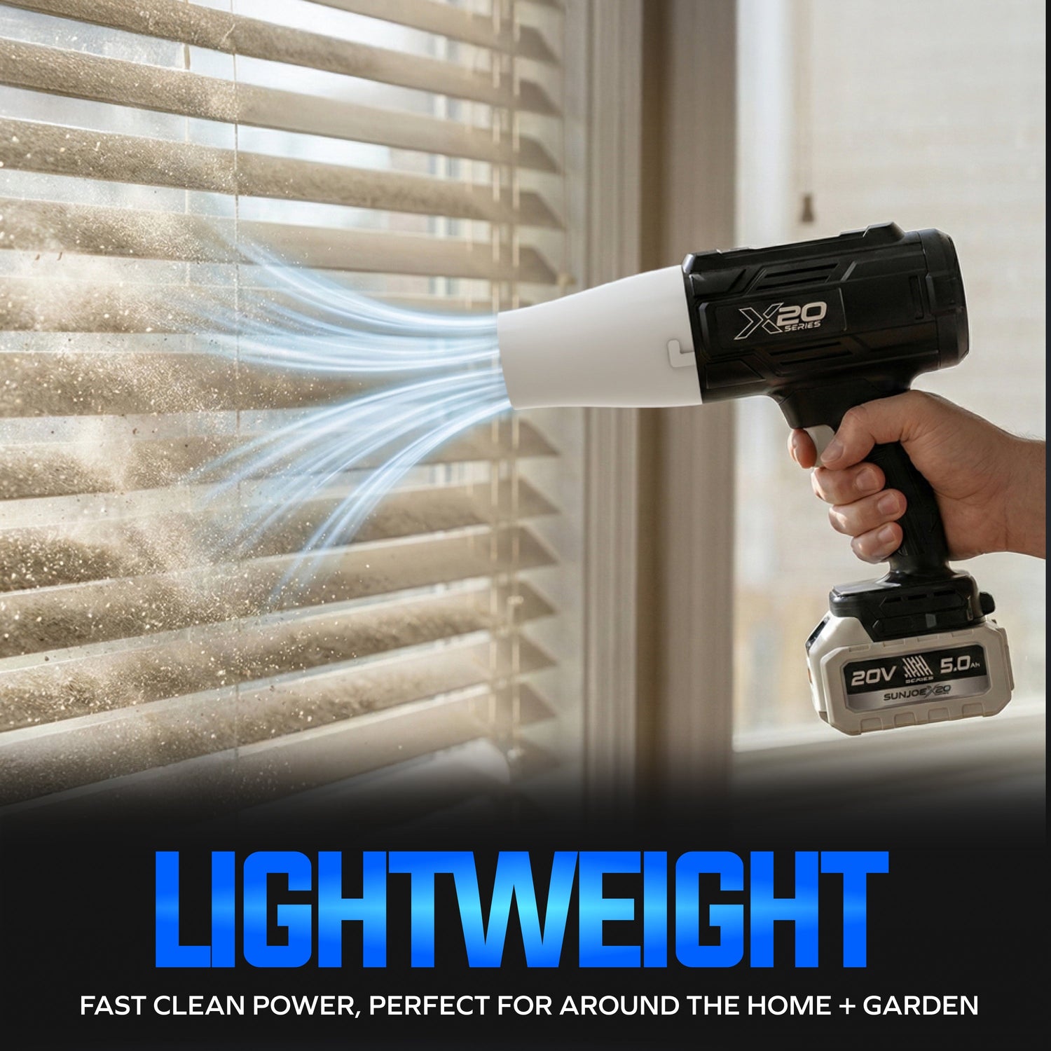 Dust blower cleaning window blinds with 'X20' branding and 'LIGHTWEIGHT' text.