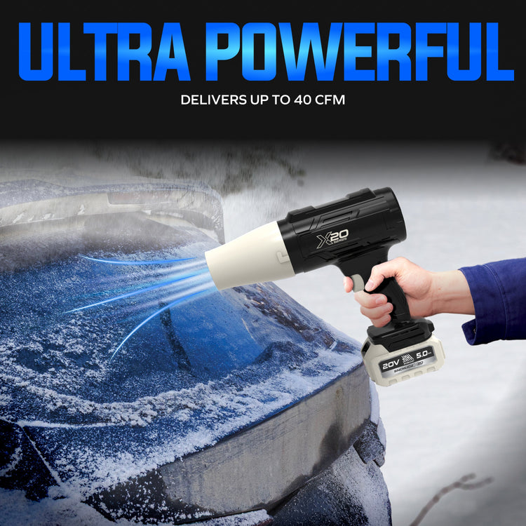 Person using a handheld power washer on a car with 'Ultra Powerful' text above.