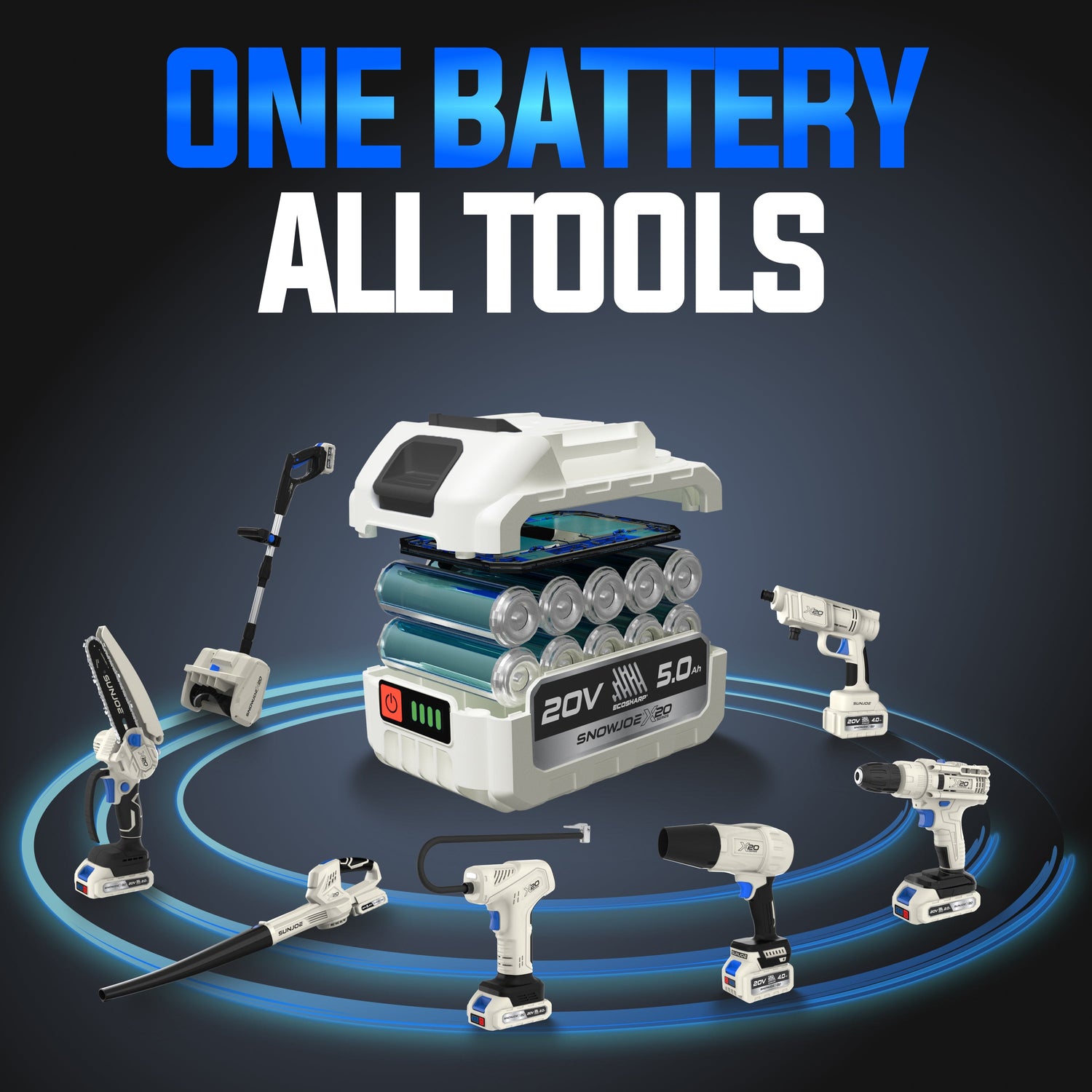 Set of tools powered by a single battery on a dark background with 'One Battery All Tools' text.