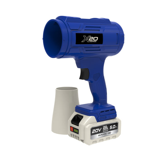 Blue cordless drill with X20 branding on a white background