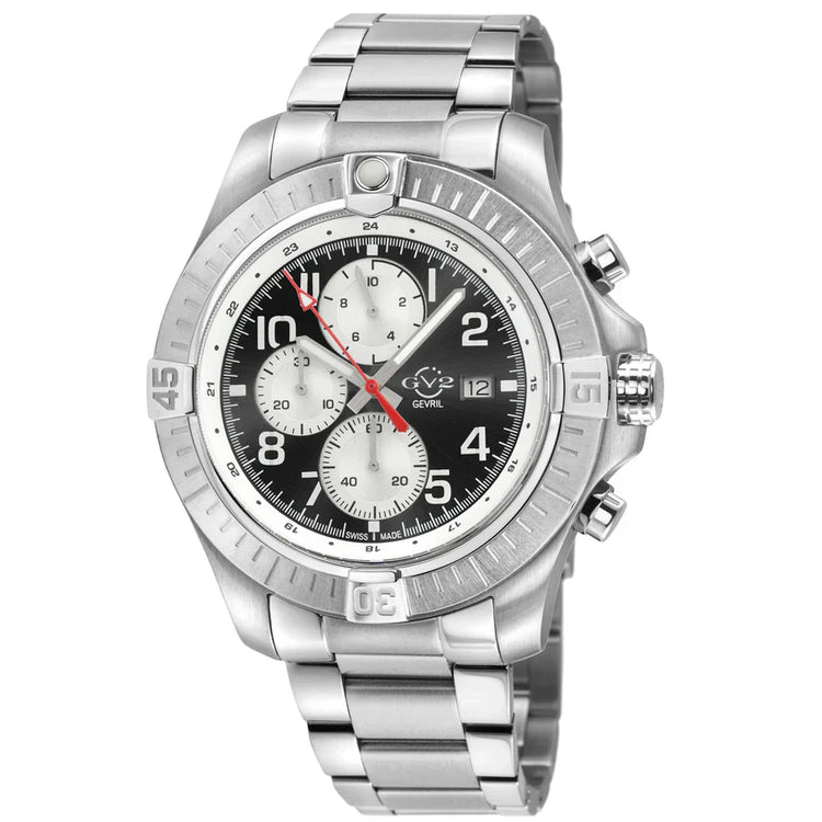 A GV2 Men's T38 Swiss Chronograph Watch with a stainless steel bracelet, a black dial, and red accents.