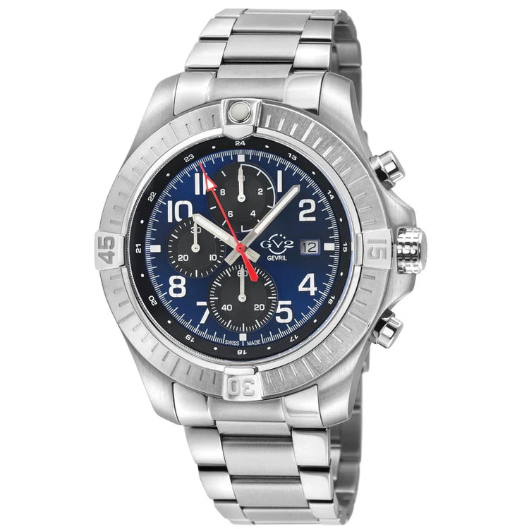 A GV2 Men's T38 Swiss Quartz Chronograph Watch with a round stainless steel case, enamel dial, and multiple sub-dials. It features a silver tone and a curved anti-reflective sapphire crystal.