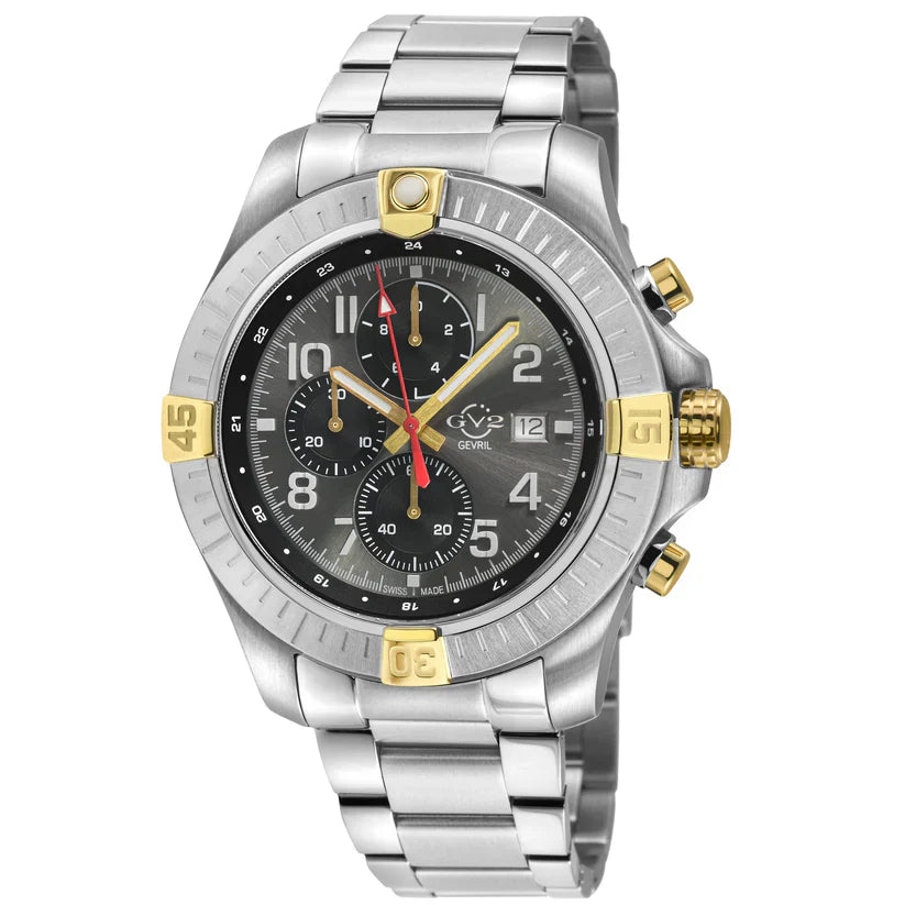 A GV2 Men's T38 Swiss Quartz Chronograph Watch with a round stainless steel case, enamel dial, and multiple sub-dials. It features a silver tone and a curved anti-reflective sapphire crystal.