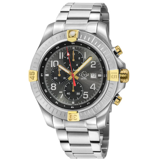 A GV2 Men's T38 Swiss Quartz Chronograph Watch with a round stainless steel case, enamel dial, and multiple sub-dials. It features a silver tone and a curved anti-reflective sapphire crystal.