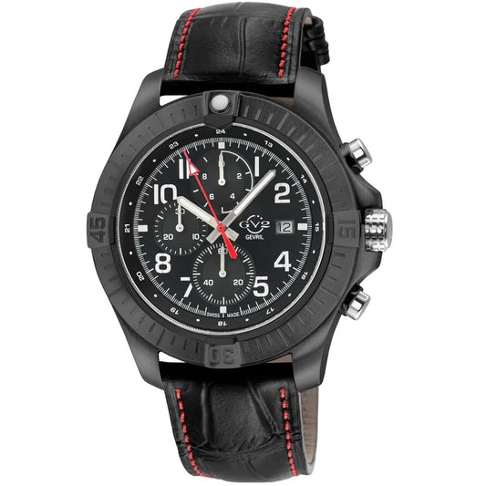 A GV2 Men's T38 Swiss Quartz Chronograph Watch with a round stainless steel case, enamel dial, and multiple sub-dials. It features a silver tone and a curved anti-reflective sapphire crystal.
