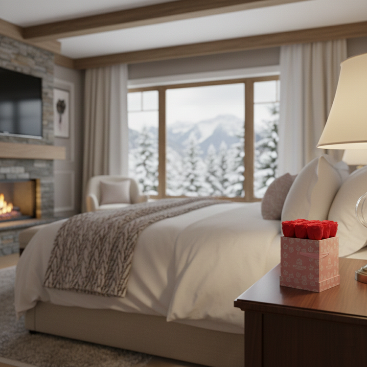 Cozy bedroom with a fireplace, bed, and mountain view