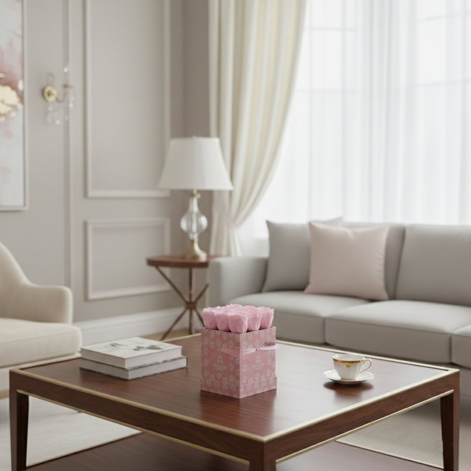 Living room with a gray sofa, wooden coffee table, and decorative items.