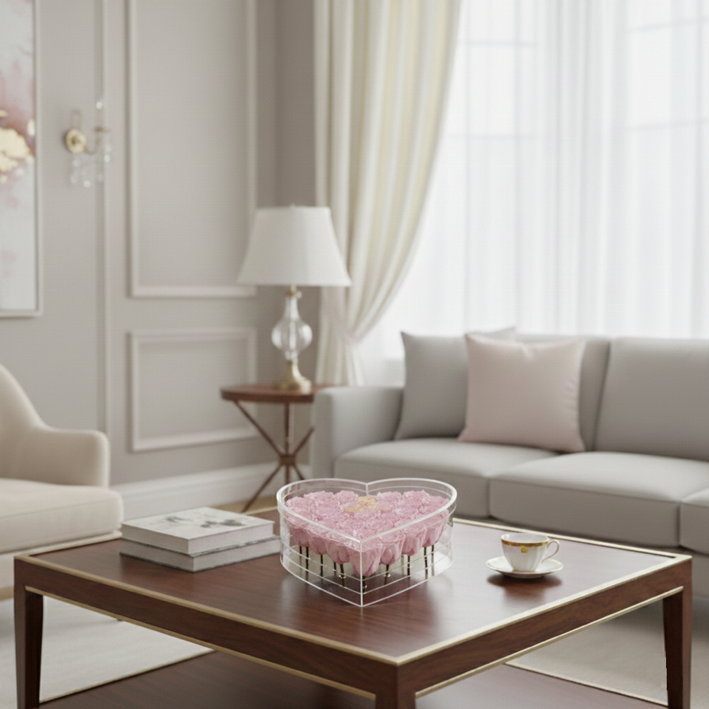 Living room with a sofa, coffee table, and decorative items.