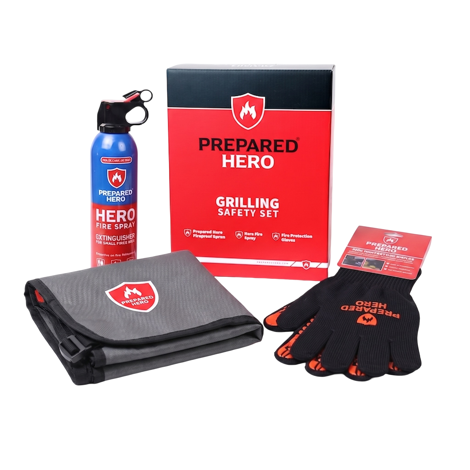Prepared Hero grilling safety set with fire spray, blanket, and gloves on a white background
