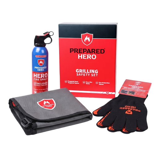 Prepared Hero grilling safety set with fire spray, blanket, and gloves on a white background