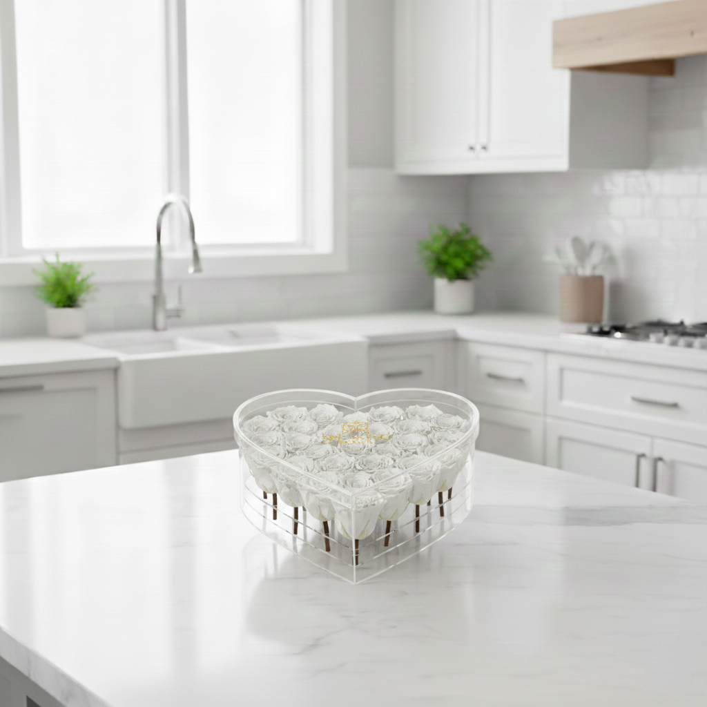 Heart-shaped decorative bowl on a kitchen counter with a modern kitchen background