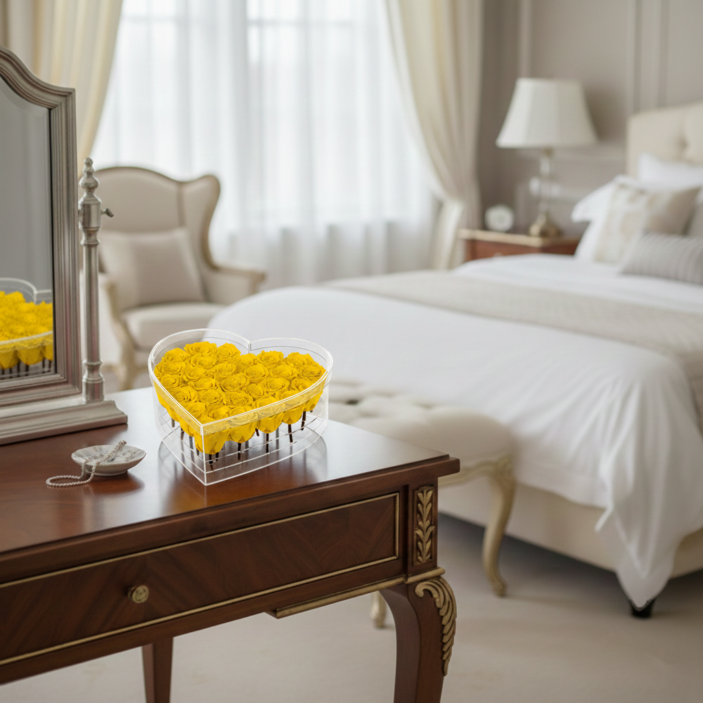 Heart-shaped container of yellow roses on a wooden table in a bedroom.