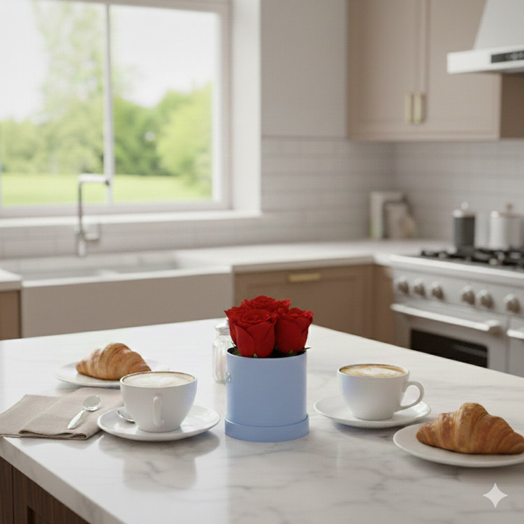 Kitchen counter with coffee cups, croissants, and a vase of red roses.