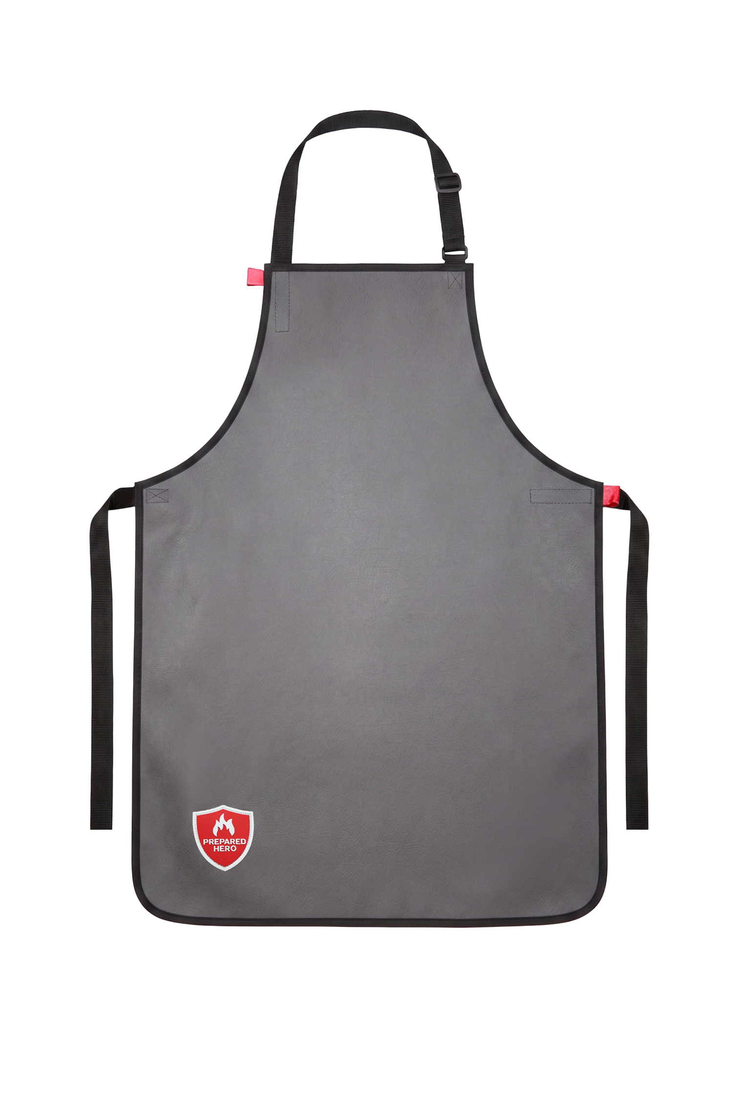 Gray apron with a red logo on a white background