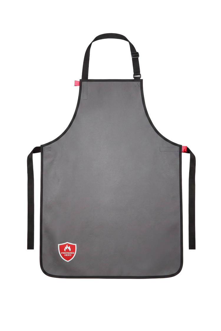 Gray apron with a red logo on a white background