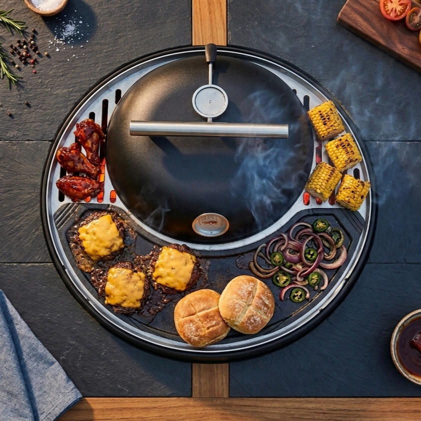 Grill with various foods on a dark surface
