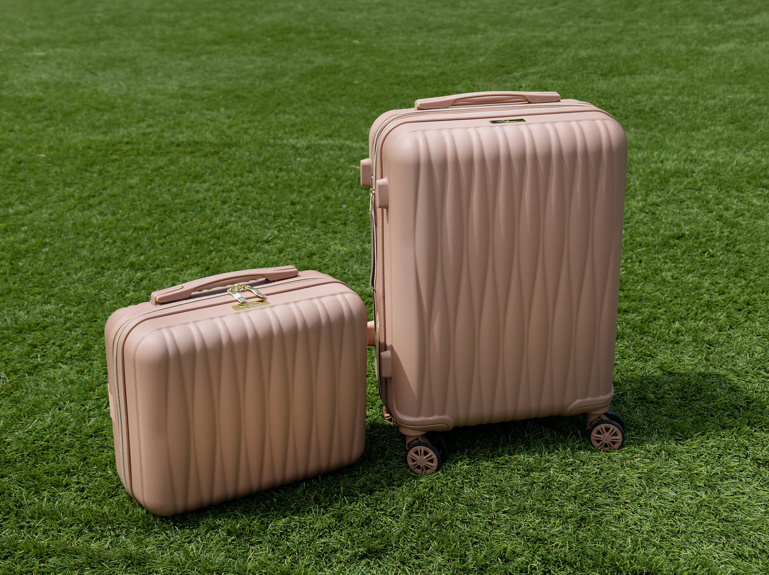 Two pink suitcases on a grassy surface