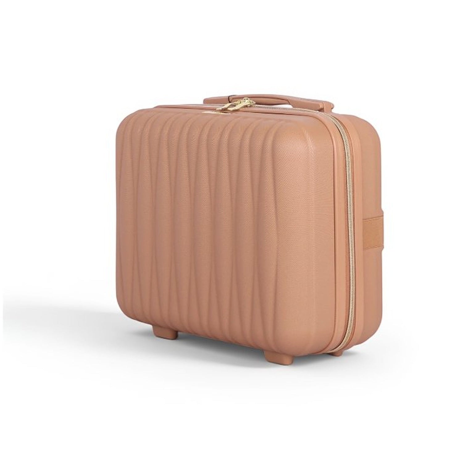 Tan suitcase with a ribbed texture on a white background