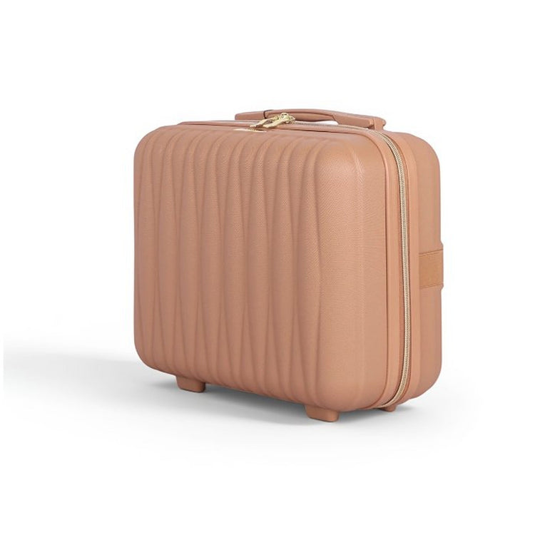 Tan suitcase with a ribbed texture on a white background