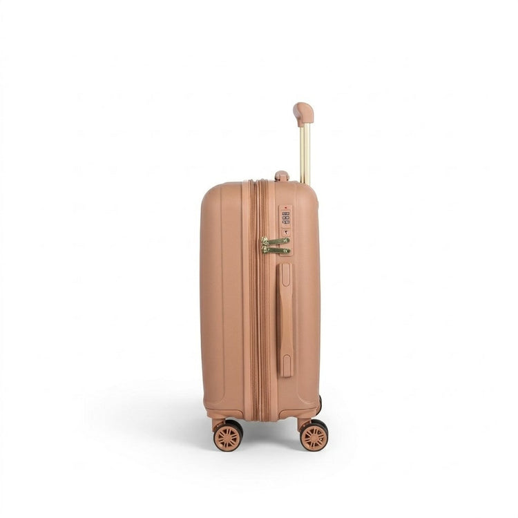 Beige suitcase with a gold handle on a white background