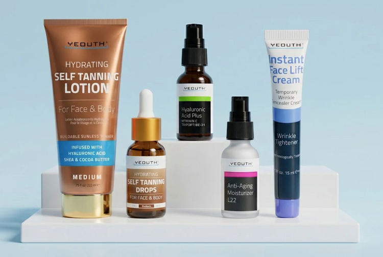 Collection of Veouth skincare products on a light blue background