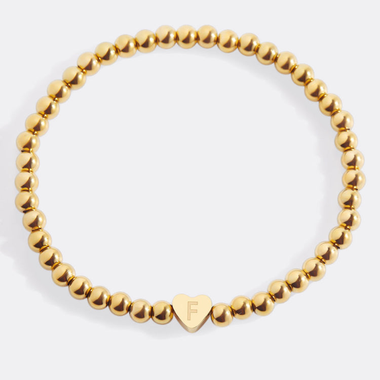 Gold Beaded Bracelet with Heart Initial (GOLD, 6.5")
