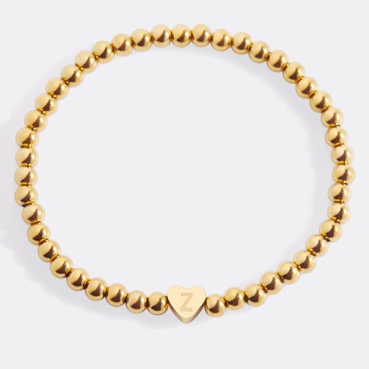 Gold Beaded Bracelet with Heart Initial (GOLD, 6.5")
