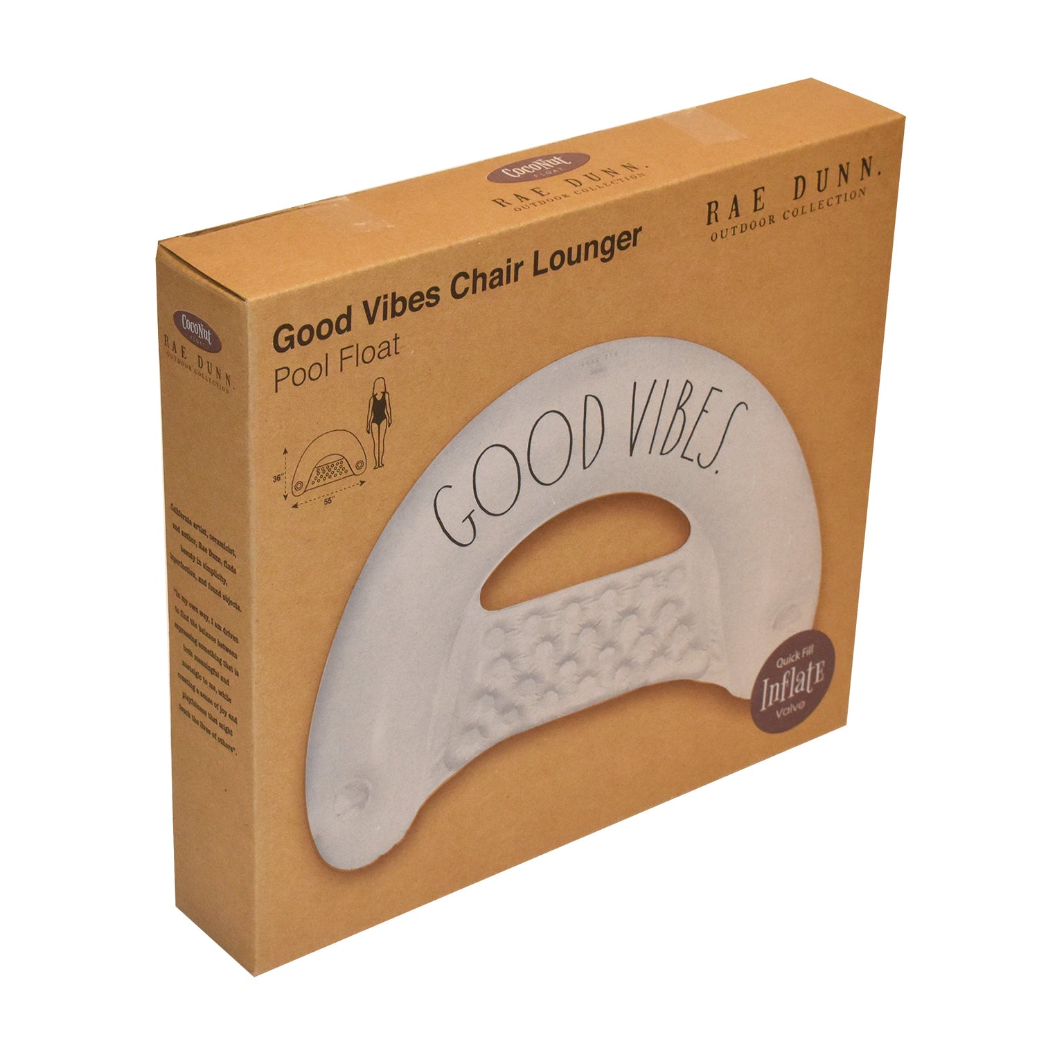 Box packaging of a pool float with 'Good Vibes' text, brand 'Rae Dunn' visible