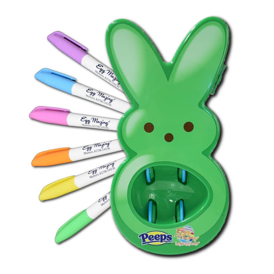 A green, bunny-shaped egg decorator with six colorful markers designed for decorating Easter eggs.