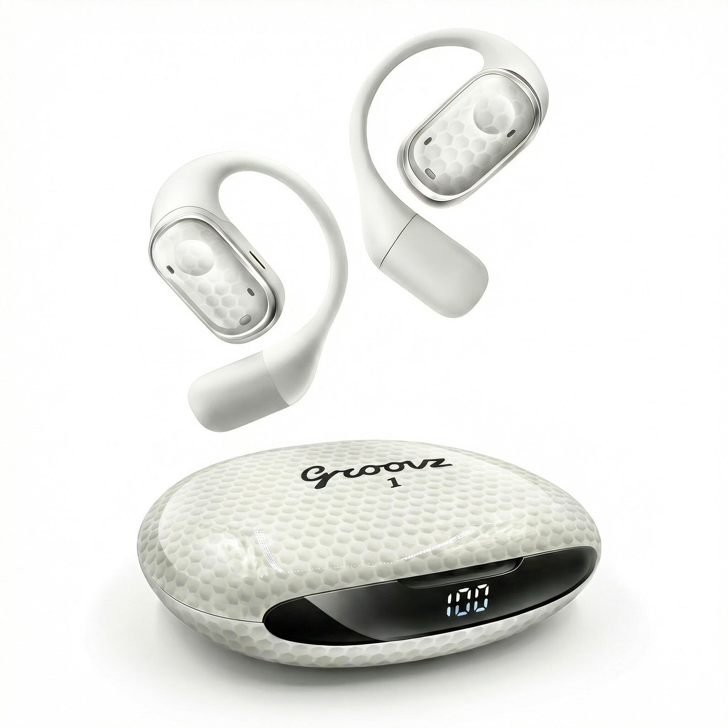 White wireless earbuds with charging case on a white background