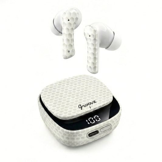 White wireless earbuds with charging case on a white background