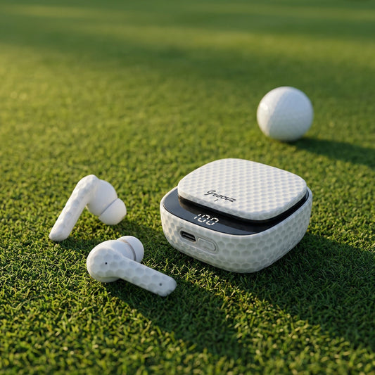 White wireless earbuds with charging case on a white background