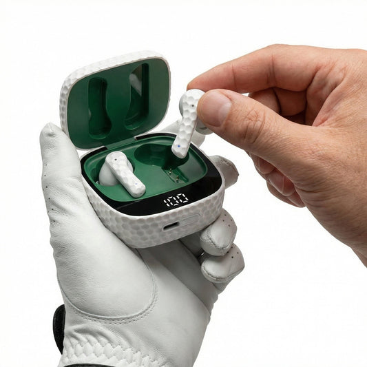 White wireless earbuds with charging case on a white background