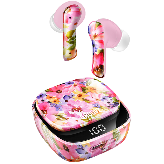 Floral wireless earbuds with matching charging case on a white background
