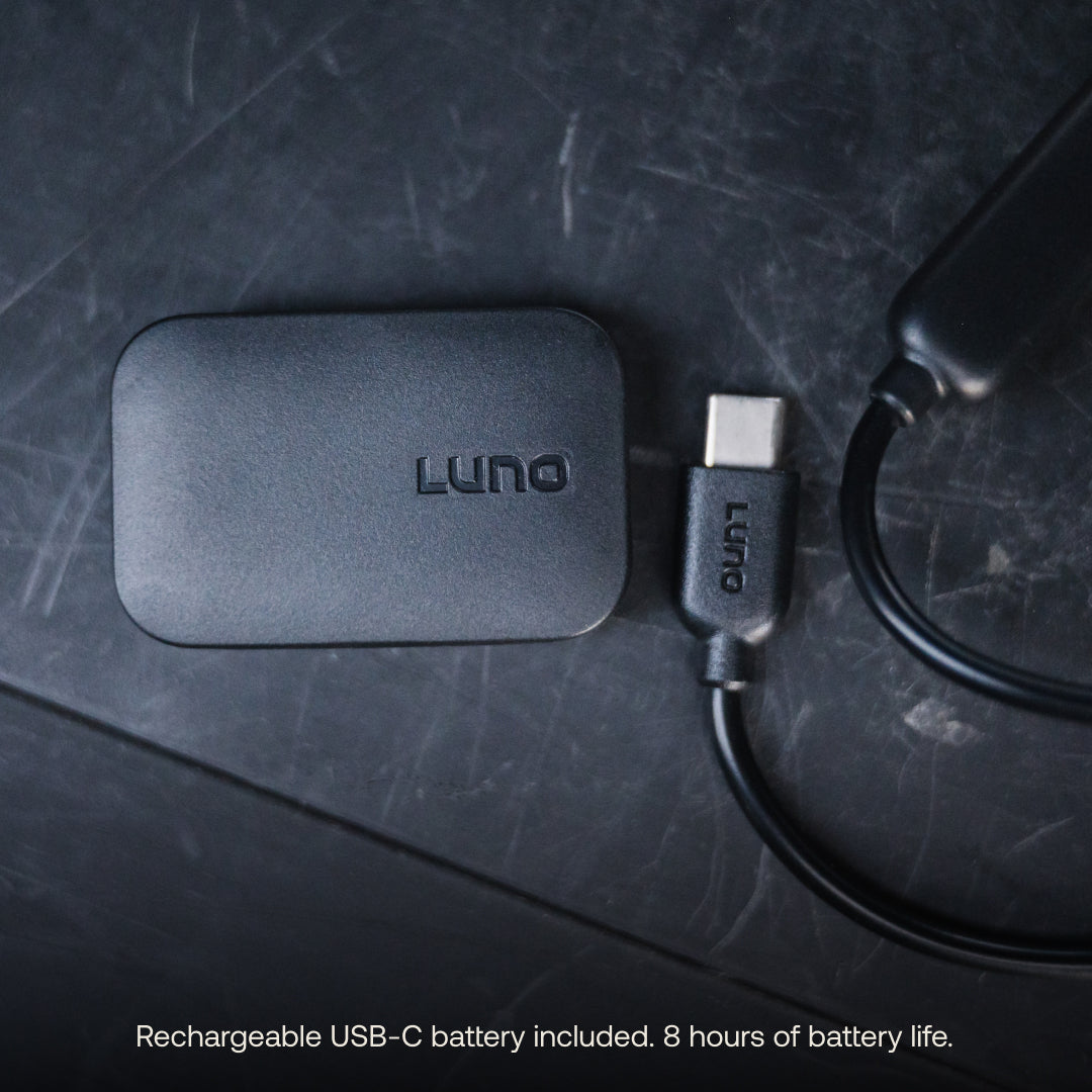 LUNO rechargeable USB-C battery on a dark textured surface