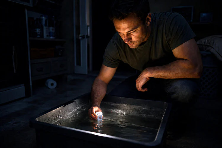 Man kneeling in a dark room holding a light bulb over a metal tray.