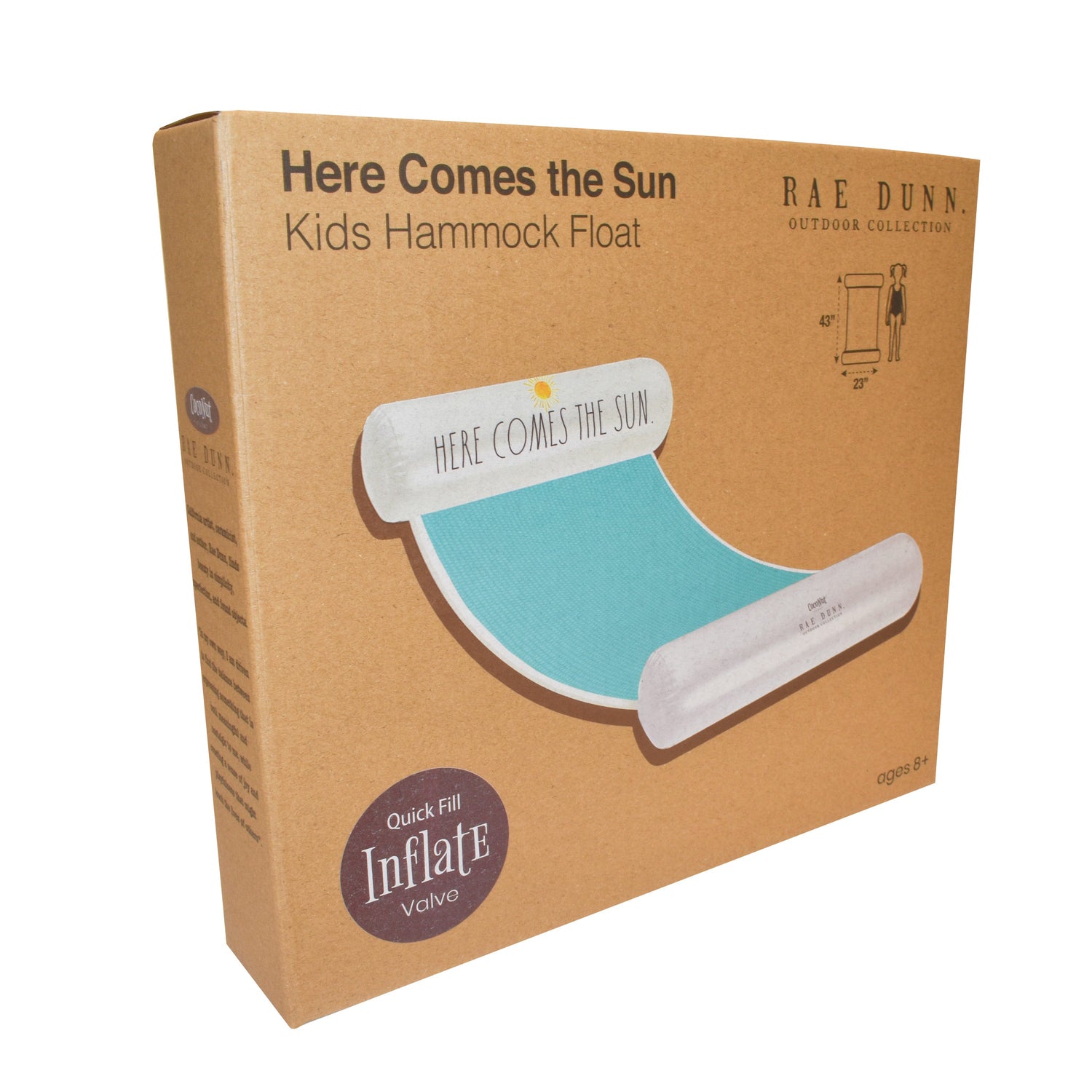 Box packaging of a kids hammock float with 'Here Comes the Sun' text on a white background