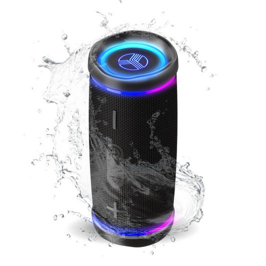 Black Bluetooth speaker with colorful LED lights on a white background
