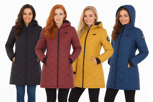 Black quilted jacket with a brand logo on a white background