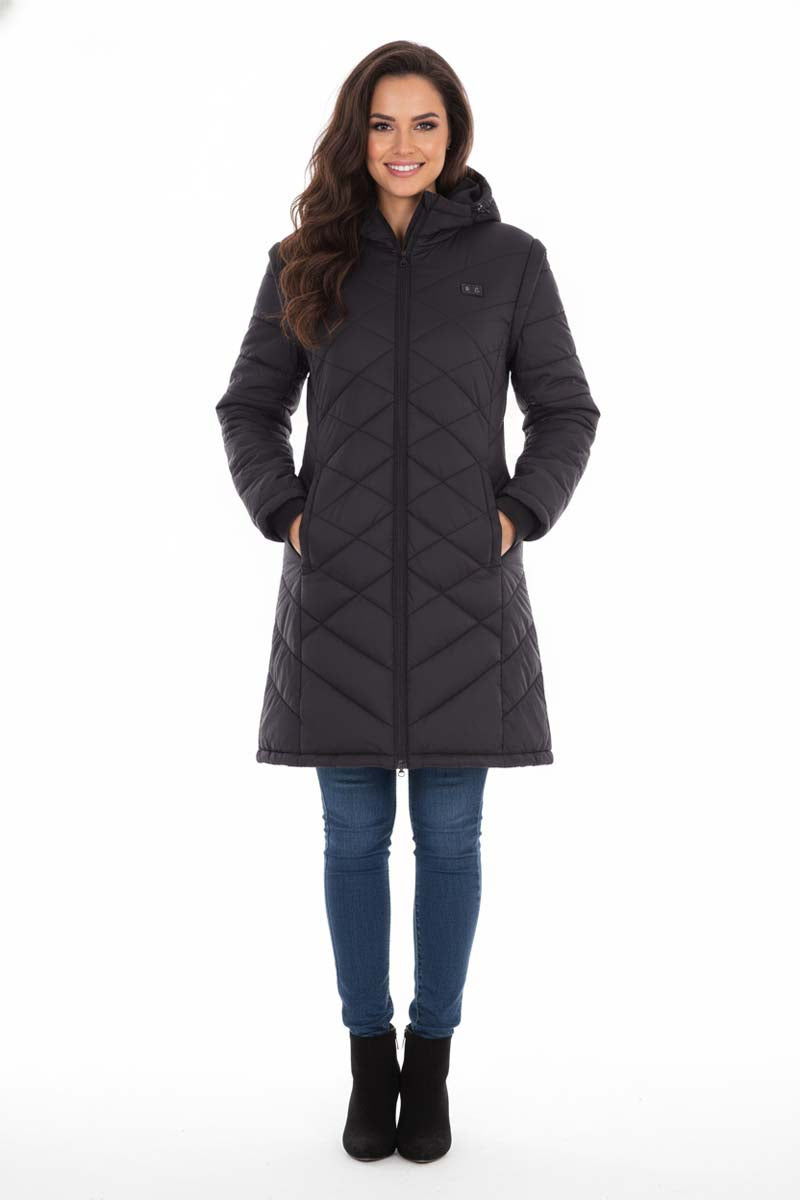 Woman wearing a black quilted coat on a white background