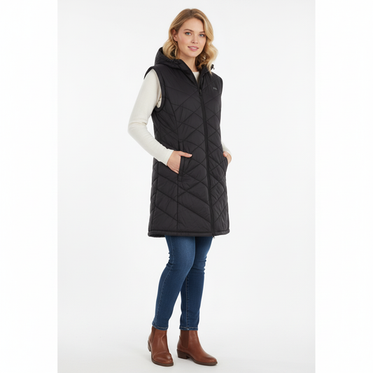 Black quilted jacket with a brand logo on a white background