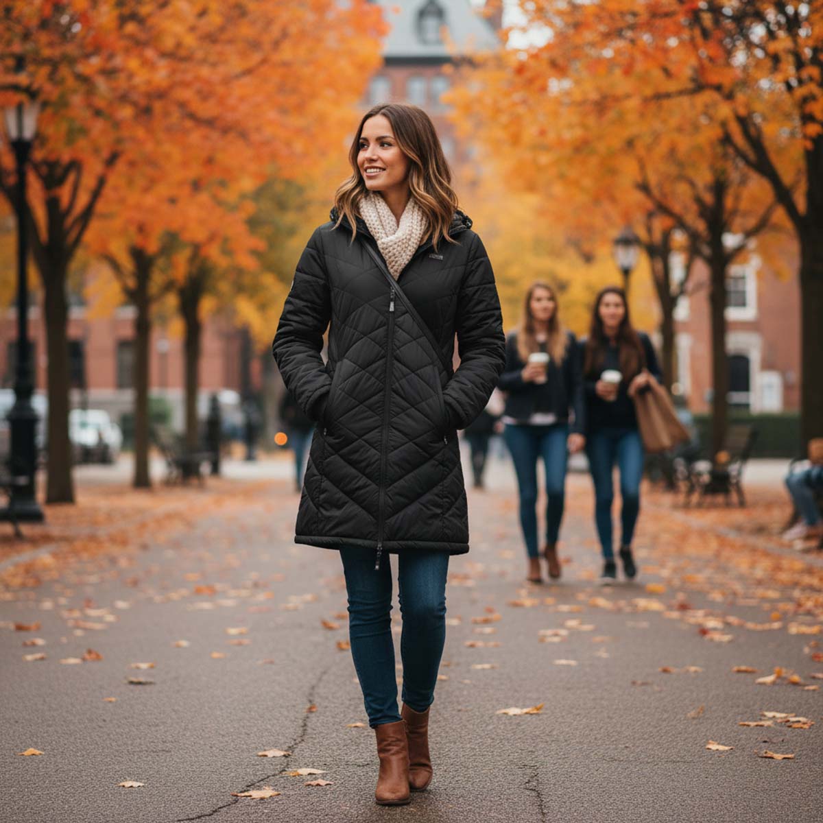 Woman walking on a path lined with trees with autumn foliage