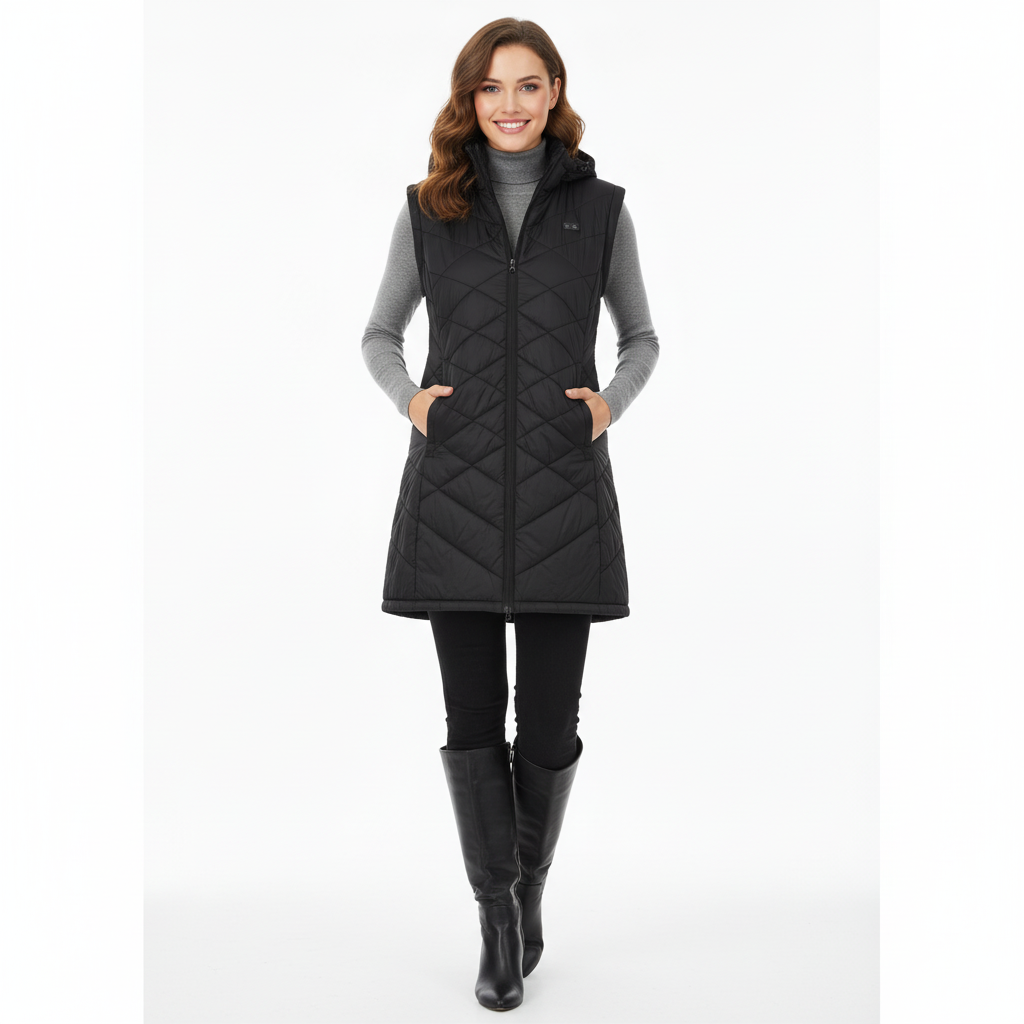 Woman wearing a black quilted vest on a white background