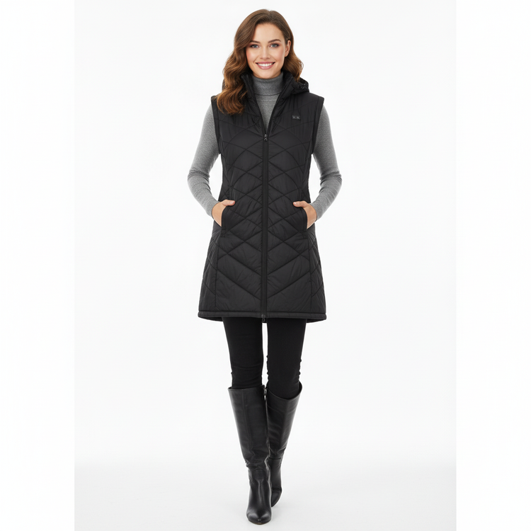 Woman wearing a black quilted vest on a white background