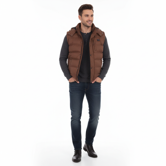 Brown winter jacket with a hood on a white background