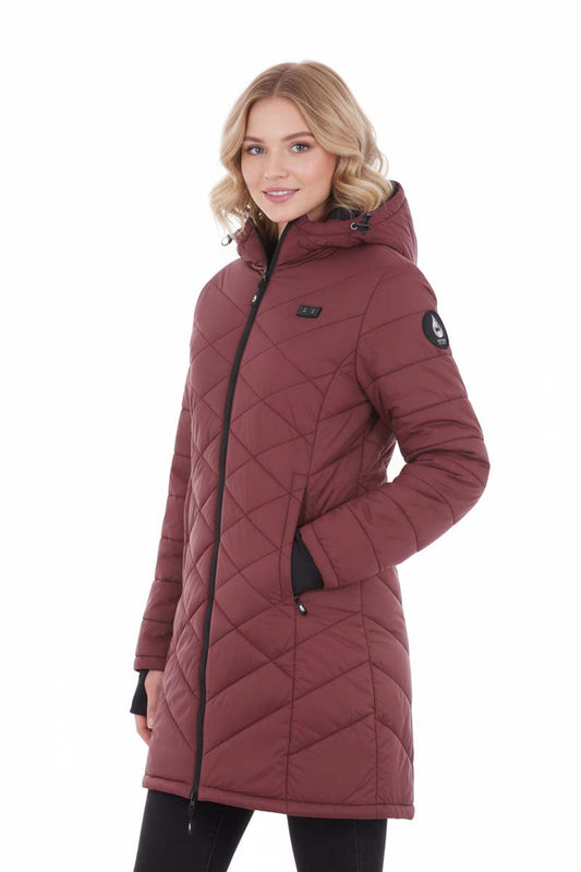 Beige winter coat with black accents on a white background
