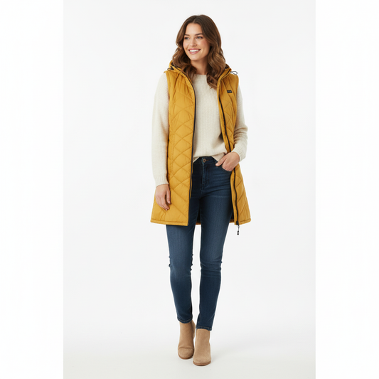 Yellow quilted jacket with black zipper and trim on a white background