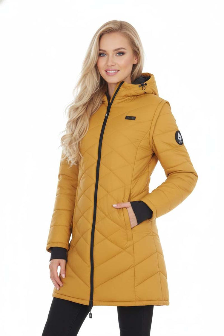 Woman wearing a mustard yellow coat with black accents on a white background